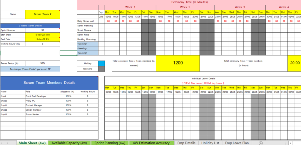 4 week Sprint Capacity Planning Template (Mon to Fri) - ExcelTemplateWorld